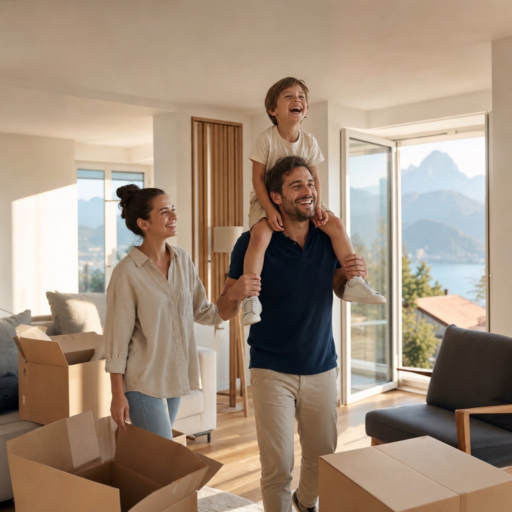 Glückliche Familie beim Einzug ins fertig umgebaute Zuhause